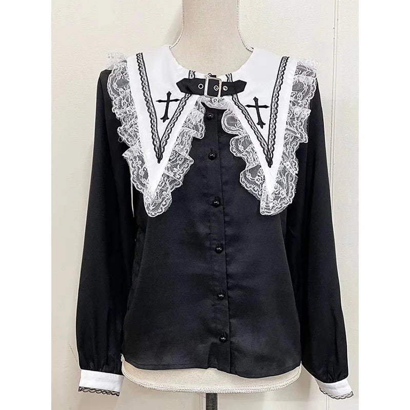 Kawaii Jirai Kei Lolita Y2K Japanese Style Blouse with Peter Pan Collar Long Sleeve Sweet Aesthetic Top for Women