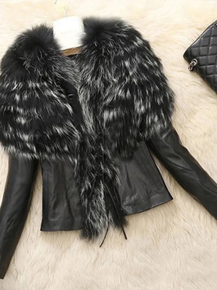 Women's PU Faux Leather Coat with Faux Raccoon Fur Trim Loose Streetwear Jacket Autumn Winter