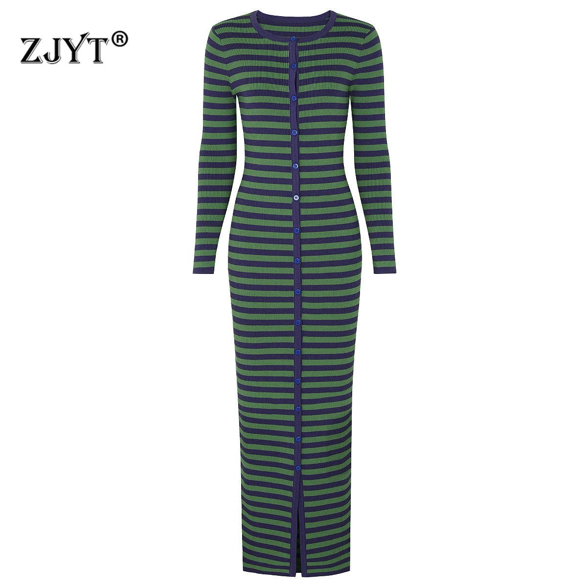 ZJYT Striped Knit Midi Sweater Dress – O-Neck Long Sleeve Slim Straight Casual Autumn/Winter Dress for Women
