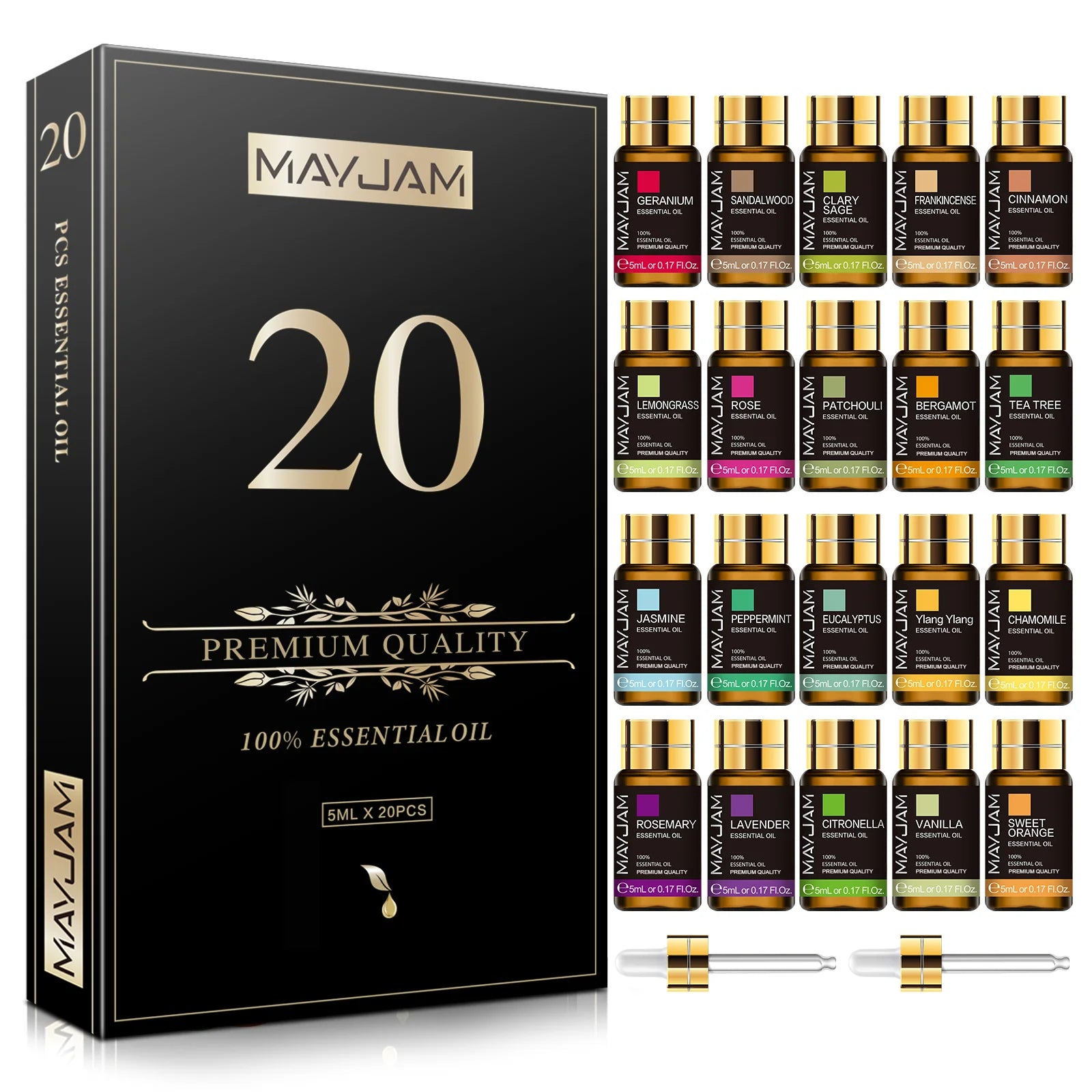 MAYJAM 20-Pack 5ml Pure Essential Oils Gift Set – Sandalwood, Lavender, Lemongrass, Bergamot, Eucalyptus for Diffuser & DIY Aromatherapy