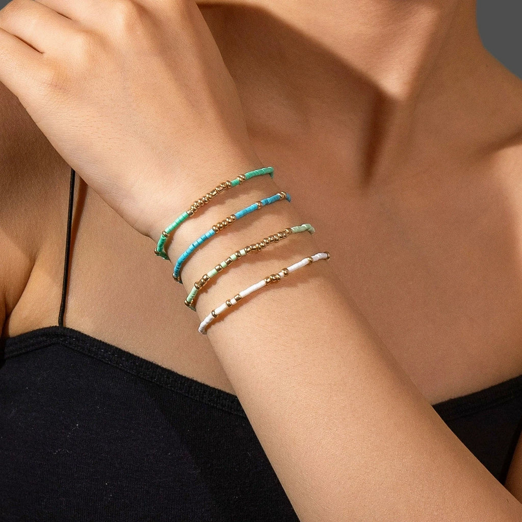 Boho Seed Bead Stretch Bracelet Set - 4-Pack Gold Elastic Bangles for Women, Handmade Geometric Summer Jewelry