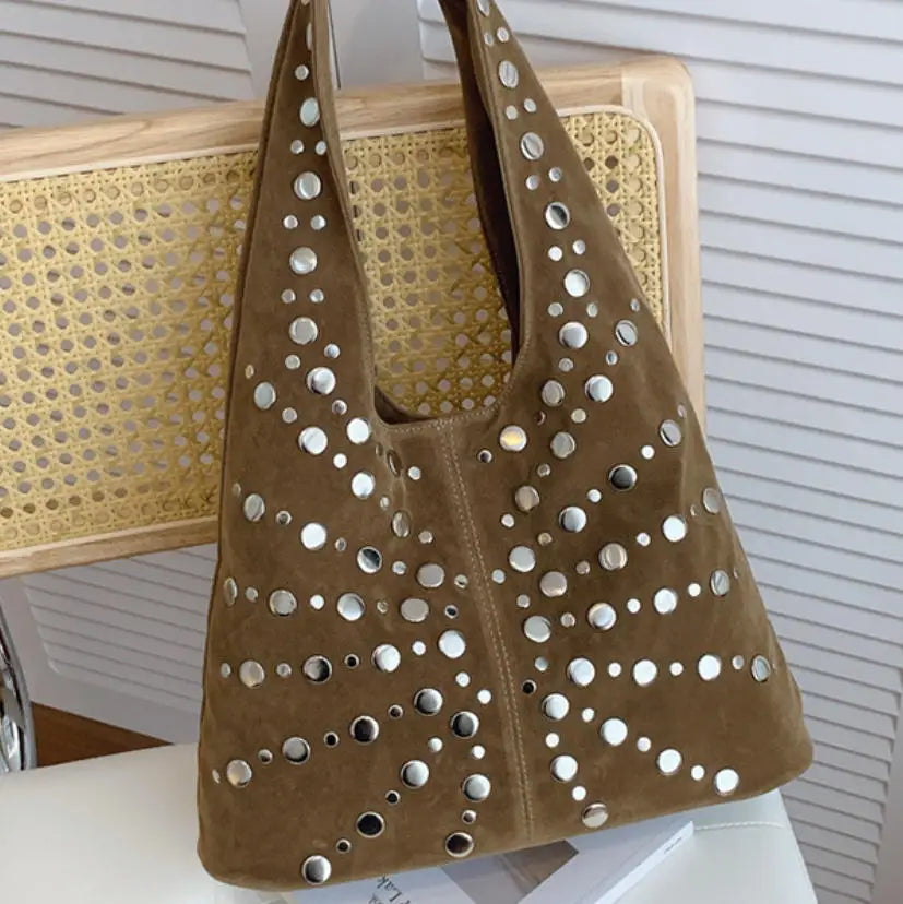 Women's Punk Metal Rivet PU Suede Bucket Shoulder Bag Underarm Tote Motorcycle Chic