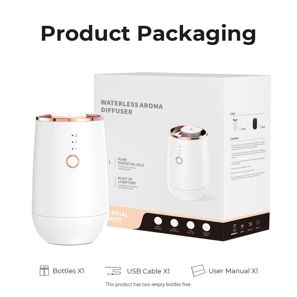 Car Aroma Diffuser USB Rechargeable Essential Oil Air Freshener with Start-Off Function and 9-Color LED Lights