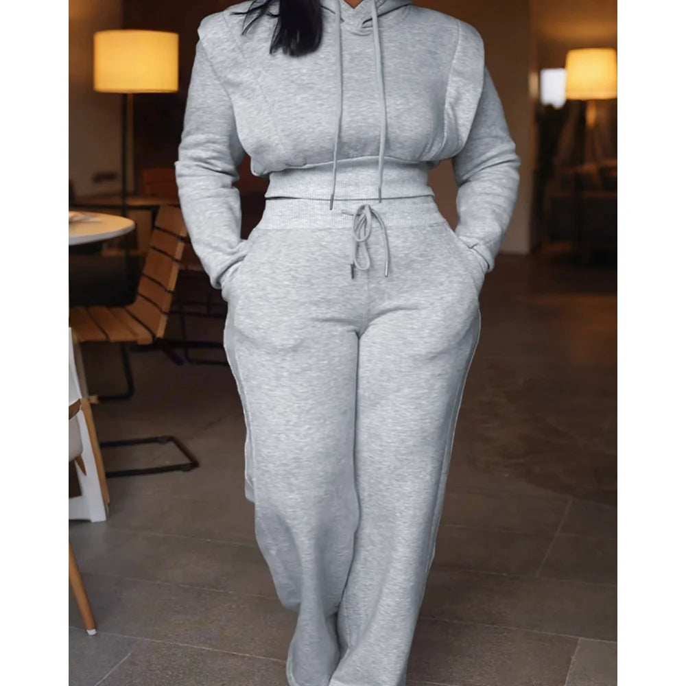 Women's Two-Piece Tied-Detail Hooded Long-Sleeve Sweatshirt & Wide-Leg Sweatpants Set - Casual Autumn/Winter Loungewear