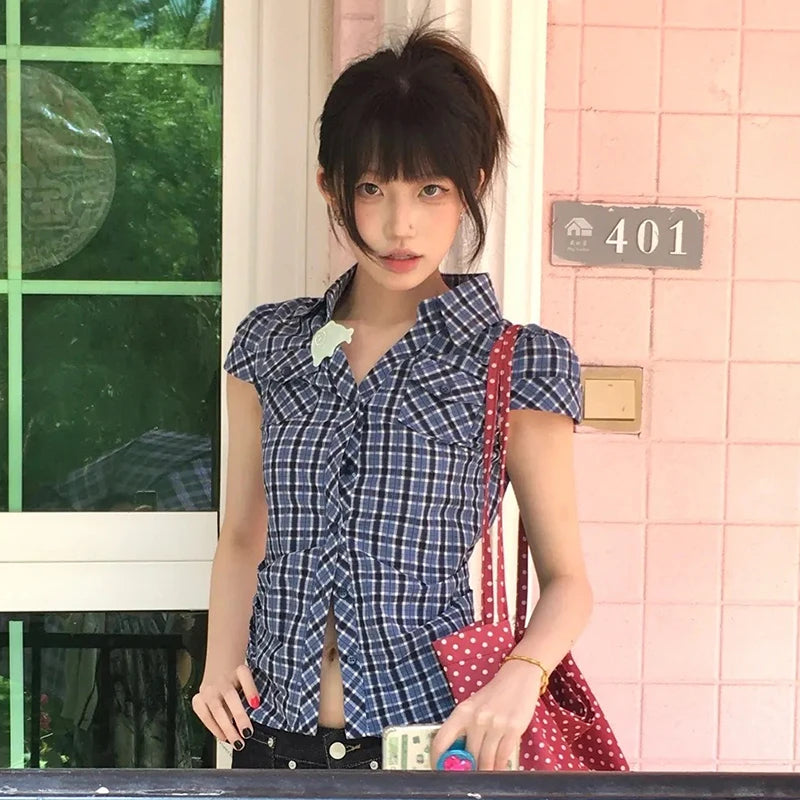 Y2K Plaid V-Neck Short Sleeve Shirt Harajuku Korean Vintage Blouse for Women