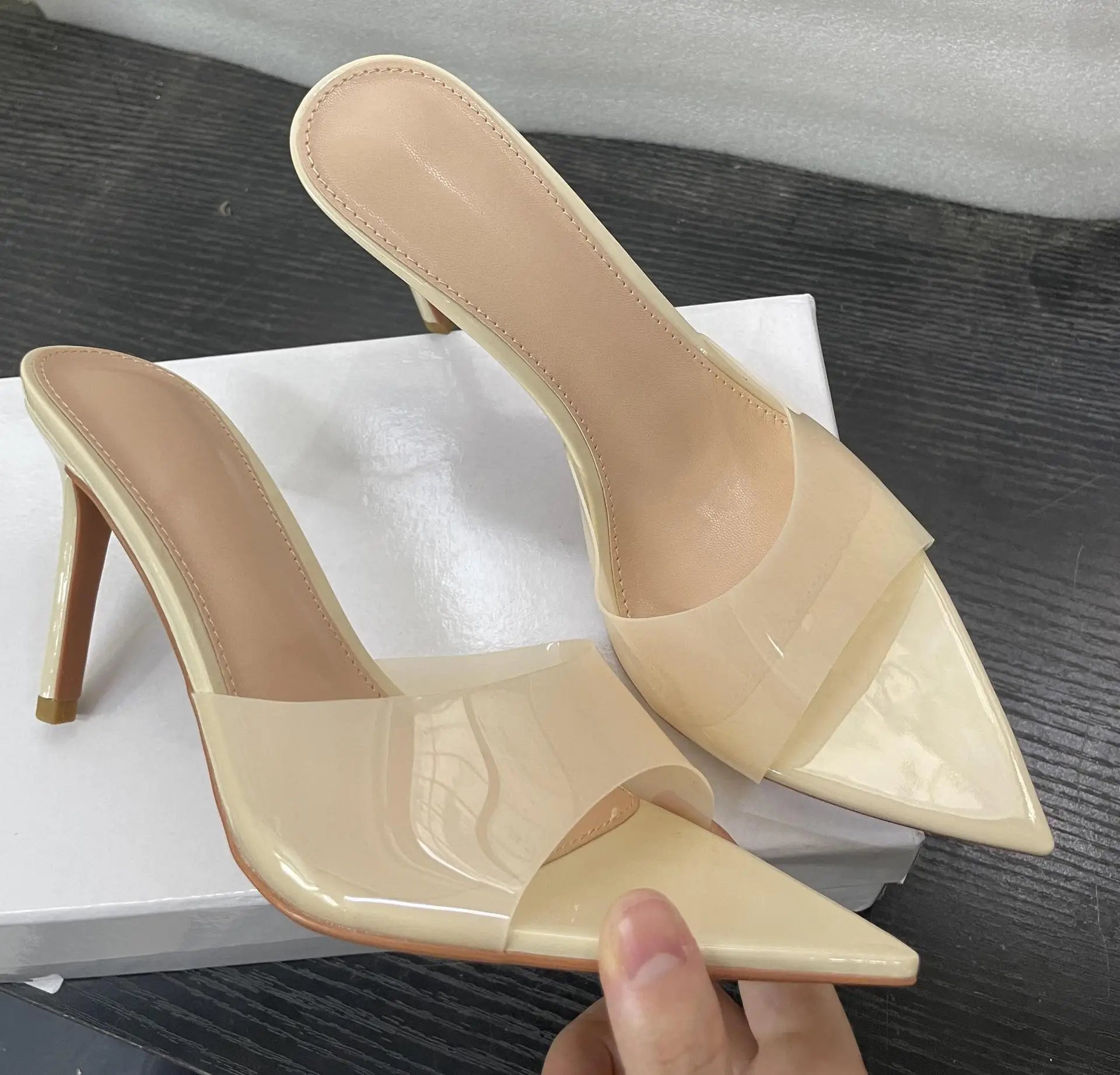 Transparent Pointed Stiletto Mules - Women's Clear High Heel Slip-On Sandals, 3.1 in (8 cm)