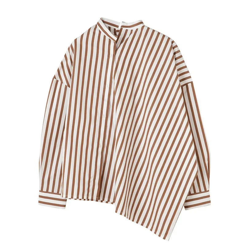 Women's Vertical Striped Shirt - Loose Long-Sleeve Button-Up Blouse with Asymmetric Hem, Office Commuter Style