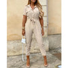 Women's Printed Belted Button-Front Collared Jumpsuit – Casual Office Capri (Ankle-Length)