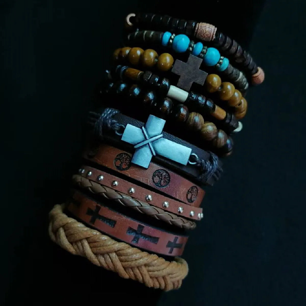 10-Pack Khaki & Black Woven Leather Wrap Bracelets - Handmade Adjustable Unisex