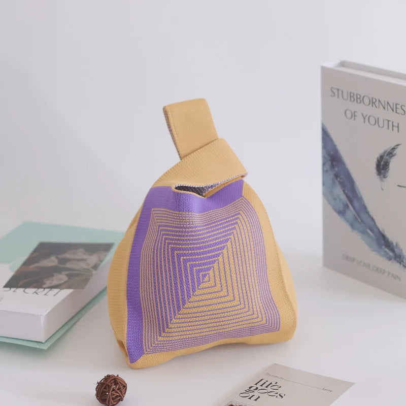 Handmade Knitted Knot Wrist Bag - Striped Mini Tote for Women, Large-Capacity Phone Bucket, Autumn Winter Casual