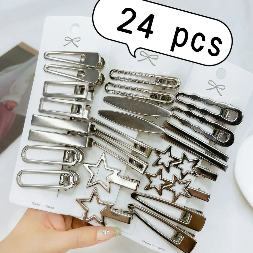 24-Pack Silver Metal Hairpins Set – Star & Seamless Duckbill Clips for Women & Girls