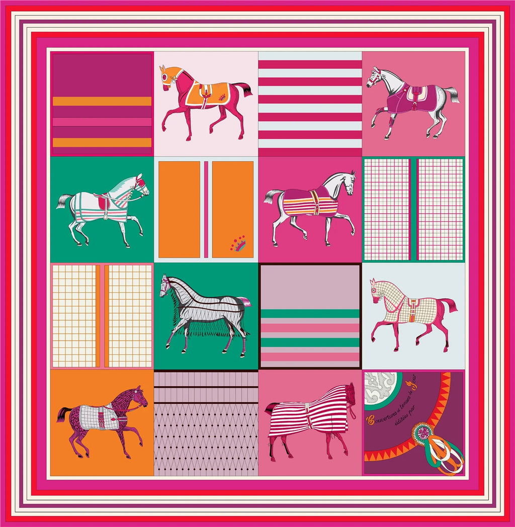 90 x 90 cm (35 in) Checkered Horse Print Twill Silk Square Scarf, Women's Luxury Bandana Shawl Hijab Neckerchief