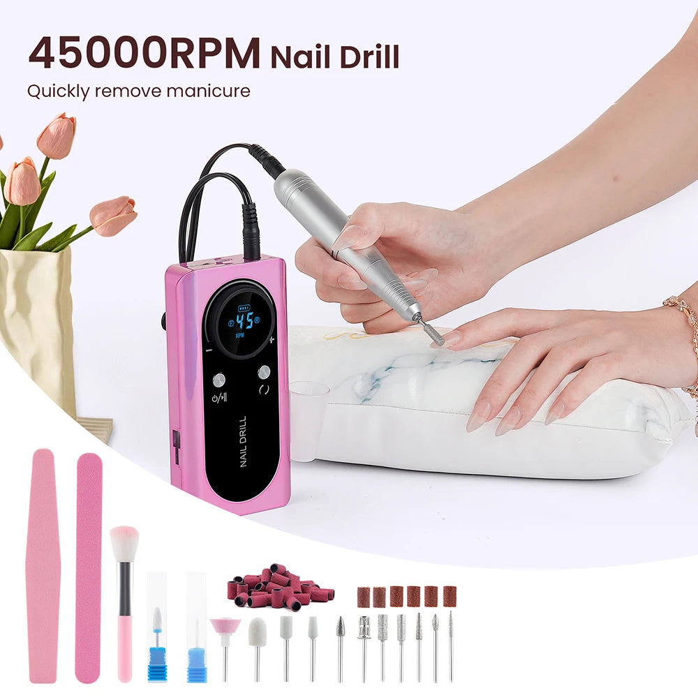 Rechargeable 45000RPM Portable Nail Drill Kit – Wireless Manicure & Pedicure Grinder with 6 Bits and 6 Sanding Bands