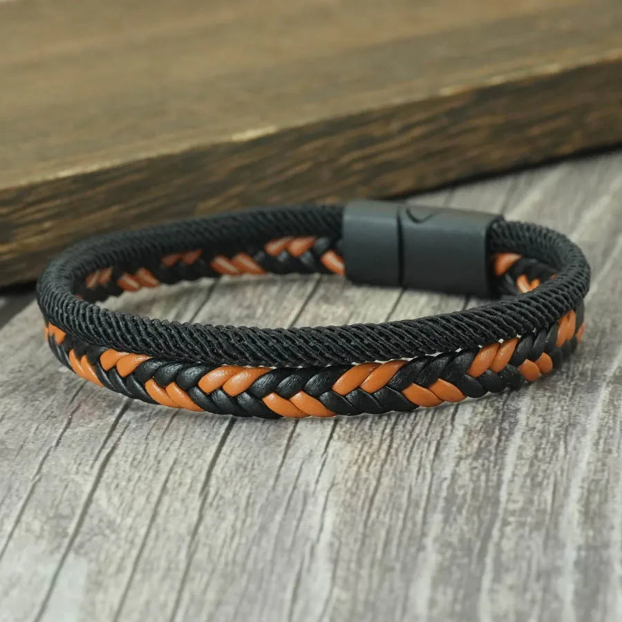 Men's Double-Layer Braided Leather Bracelet with Detachable Magnetic Buckle & Chain - Hiphop Street Armband