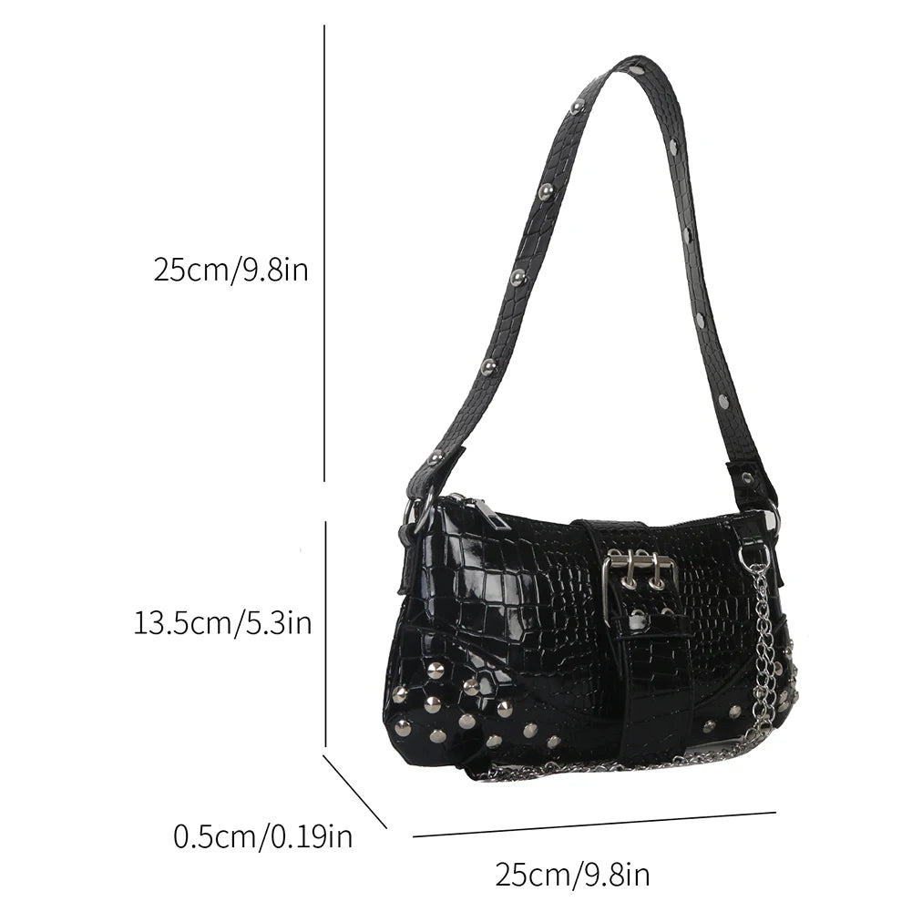 Vintage Gothic PU Leather Baguette Shoulder Bag with Chain and Rivets - Women's Underarm Sling Purse