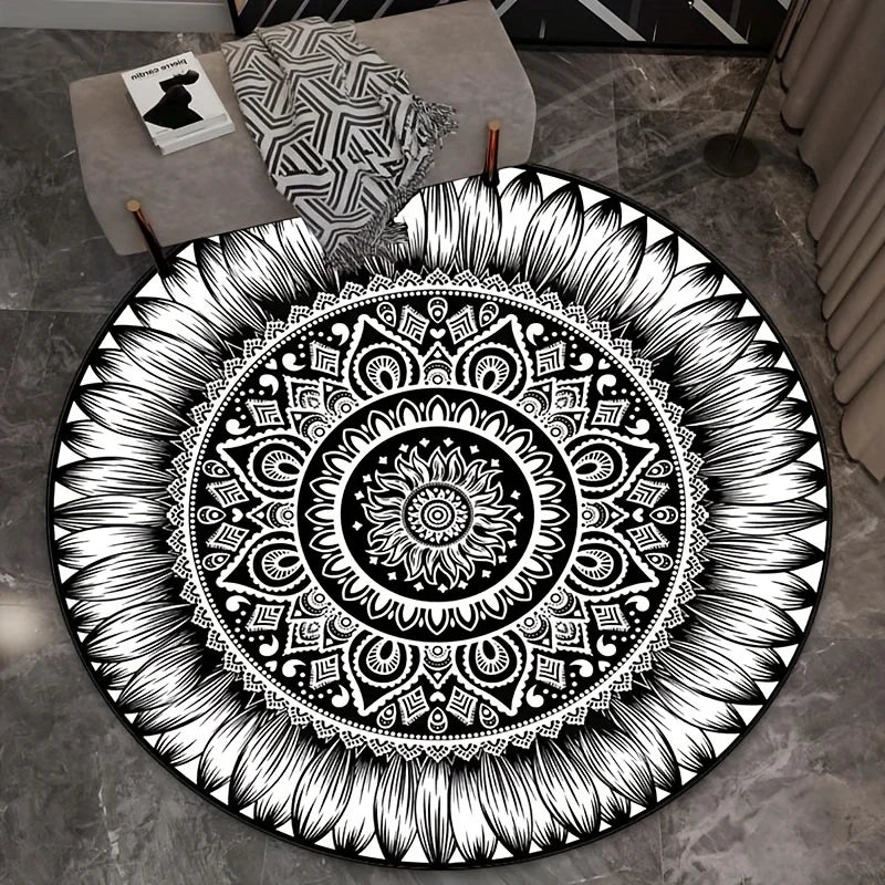Black White Mandala Round Rug Crystal Velvet Boho Floor Mat for Living Room, Yoga & Meditation – Non-Slip, Multiple Sizes 40–180 cm (16–71 in)