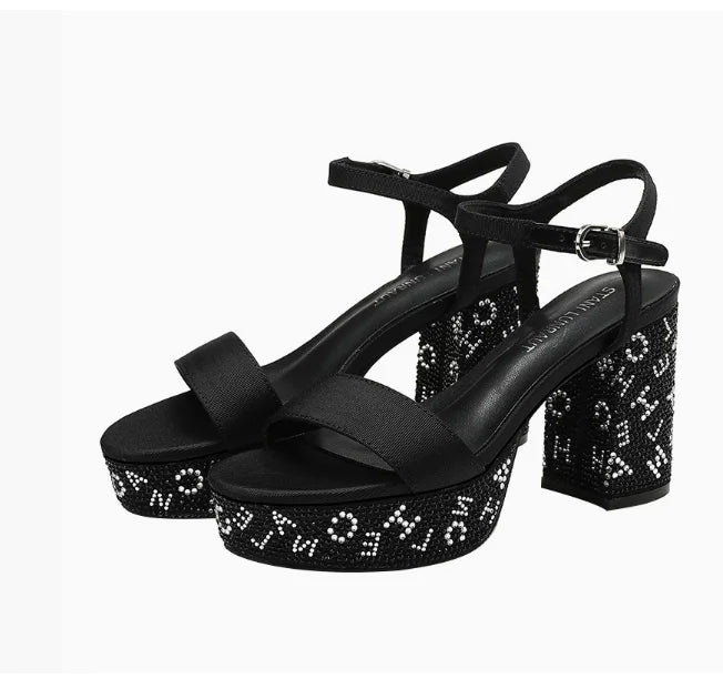 Women's Sequin Rhinestone Crystal High-Heel Pumps – Bling Wedding & Party Square-Heel Dress Shoes