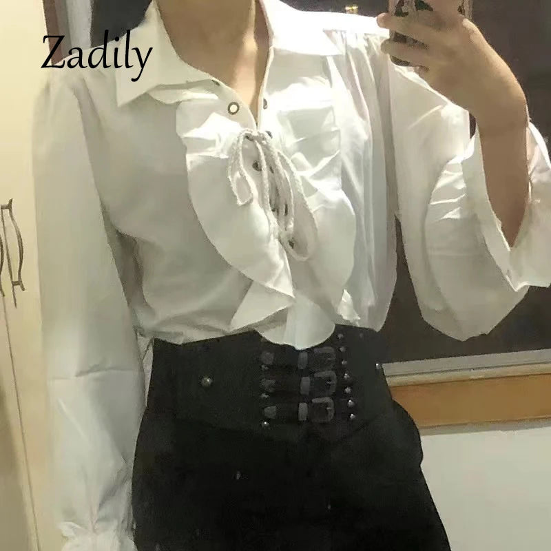 Victorian Gothic Renaissance Lace-Up Ruffled Blouse Women's Pirate Poet Medieval Top