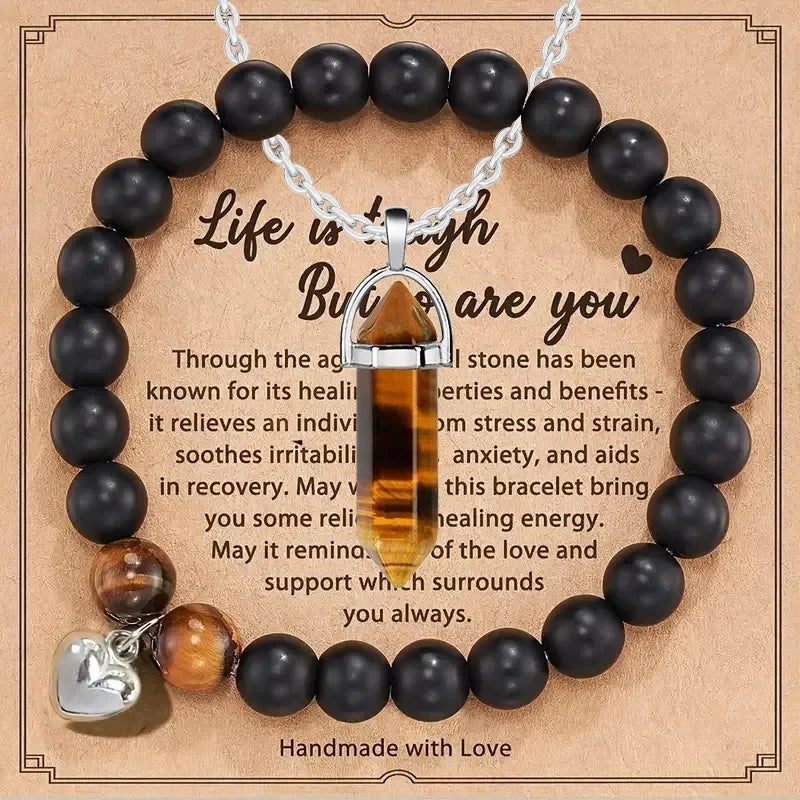 2-Piece Amethyst Hexagonal Pendant Necklace & Purple Stripe Agate Bracelet Set – Healing Crystal Jewelry Gift for Women