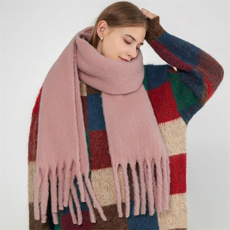 Luxury Cashmere-Blend Winter Scarf for Women – Thick Warm Shawl with Tassels, Soft Fluffy Solid & Plaid