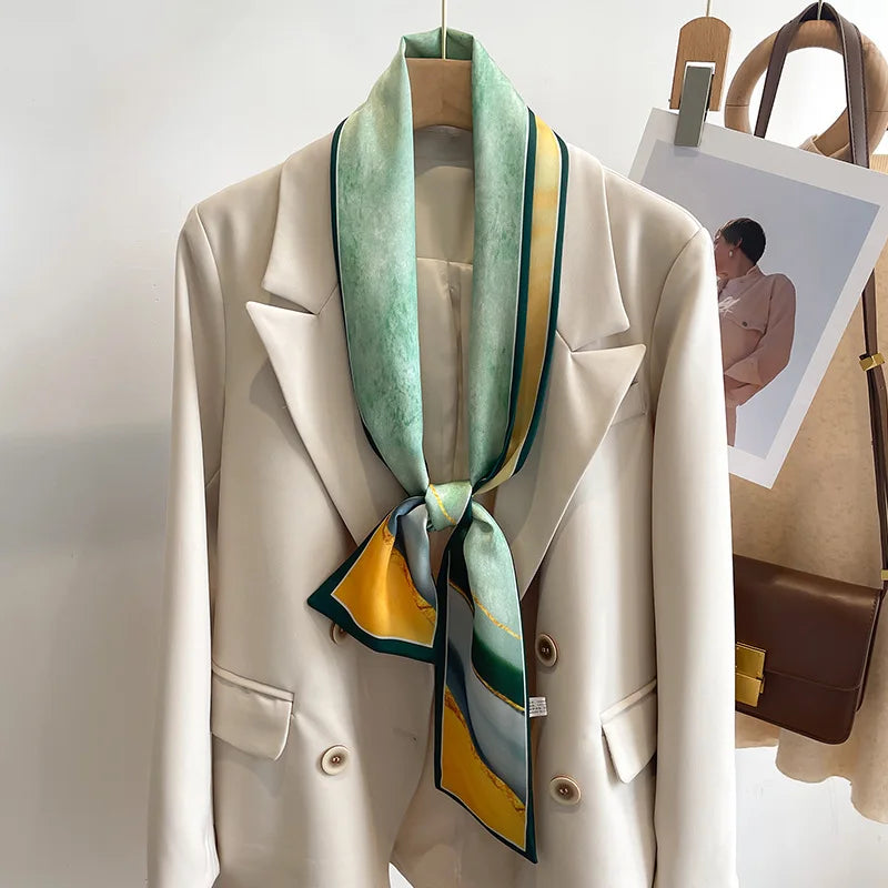 Women's Silk-Feel Printed Long Narrow Scarf 12 x 148 cm (4.7 x 58.3 in) - 50+ Colors | Headband & Shawl