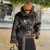 Faux Fur Leather Patchwork Long Coat for Women, Lapel Collar Belted Cotton-Lined Winter Jacket