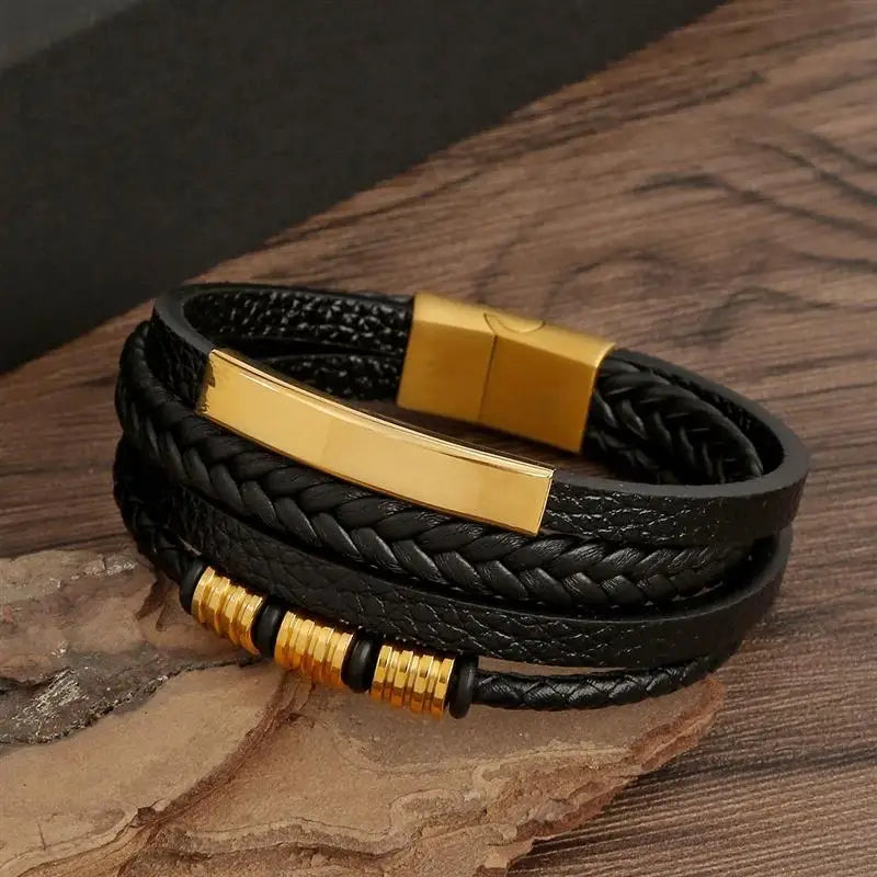 Men's Multi-Layer Woven Leather Bracelet with Alloy Magnetic Buckle - Punk Style, 19/21/23 cm (7.5/8.3/9.1 in)