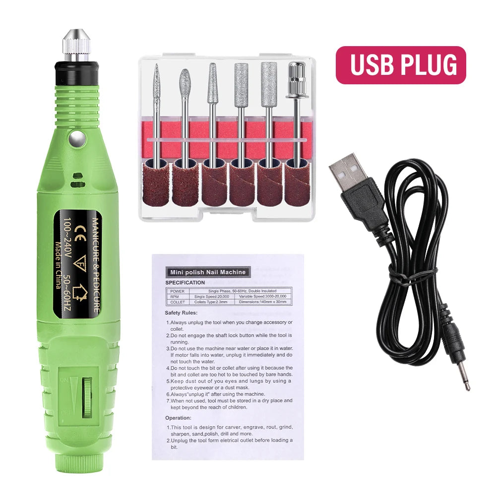 Electric Nail Drill Kit - Portable Professional Manicure & Pedicure Nail Sander, 20,000 RPM, 6 Bits & 6 Sand Bands