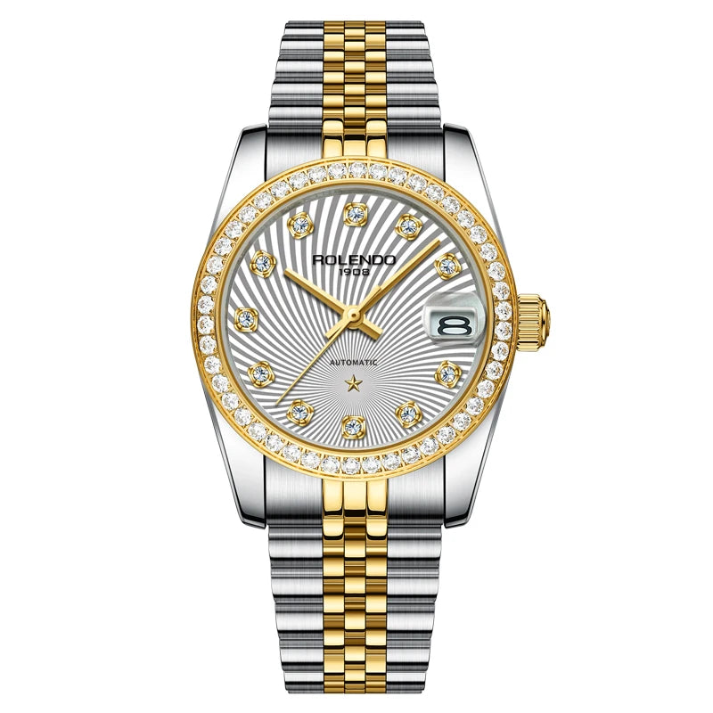 ROLENDO Classic 32mm Automatic Women’s Date Watch – Sapphire Crystal, Gold Diamond-Set, 300m Water Resistant, Butterfly Clasp