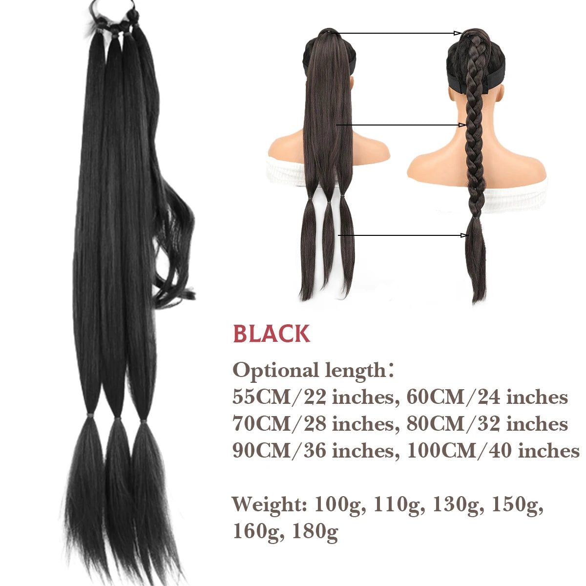 22-40 Inch (56-100 cm) Synthetic Braided Ponytail Hair Extension with Elastic Band
