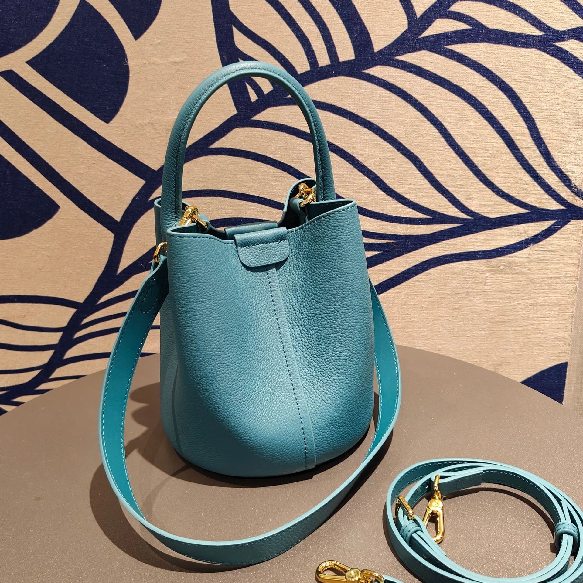 Lavender Purple Round Bucket Tote Small Genuine Cowhide Leather Shoulder & Crossbody Bag for Women