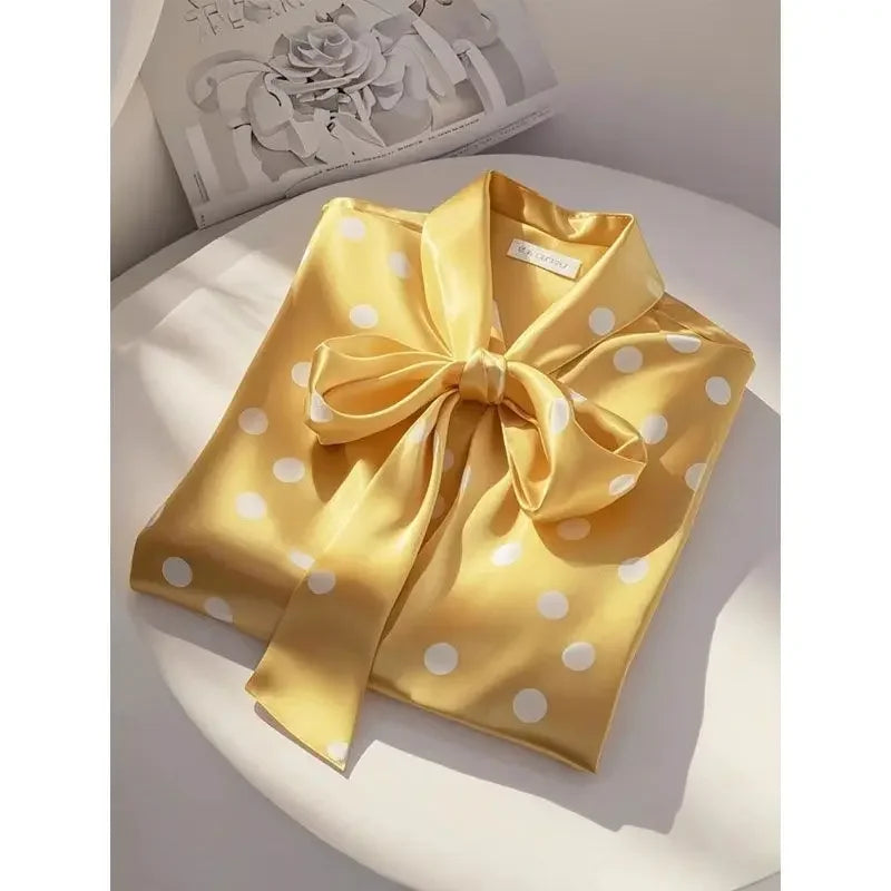 High-Quality Satin Polka Dot Blouse for Women — Lace-Up Bow Long Sleeve Office Casual Top