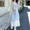 Women's Plaid Faux Two-Piece Suspender Dress – Retro Boho A-Line Mid-Calf Summer Dress