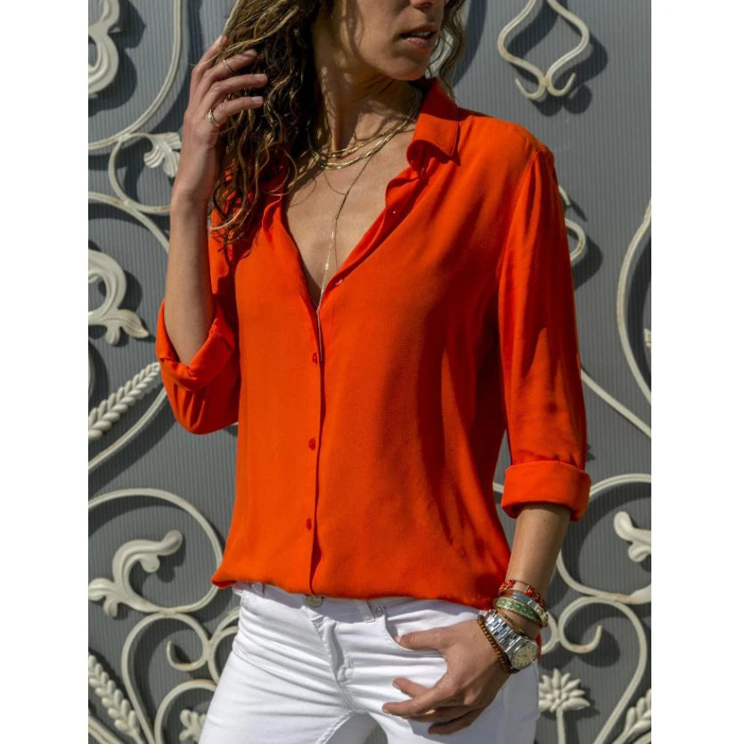 Women's Autumn Polo Collar Blouse - Vintage Loose Button-Up Office Shirt for Office & Streetwear