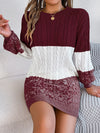 VigoCasey Patchwork Knit O‑Neck Ankle‑Length Long Sleeve Slim Dress for Women – Autumn/Winter Knit Dress