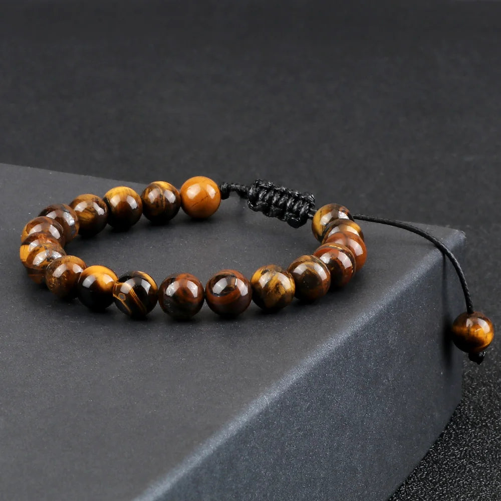 8mm Tiger Eye & Lava Stone Adjustable Braided Bracelet — Unisex Beaded Yoga Healing Energy Bracelet