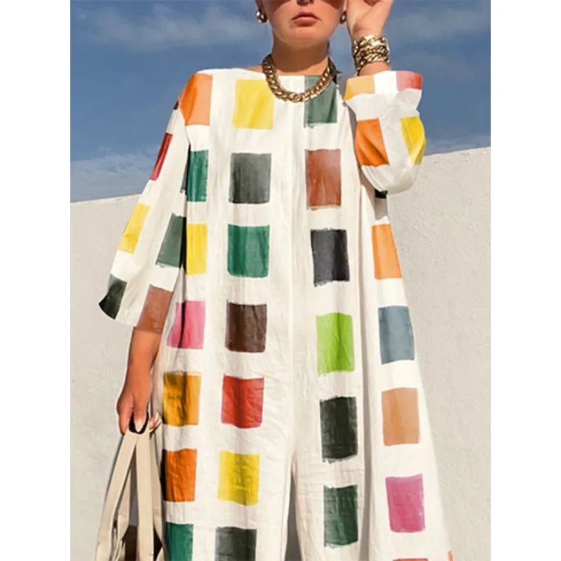 Plaid Contrast Color Plus Size Jumpsuit for Women - Cotton-Linen Wide Leg, Three-Quarter Sleeves (0XL-4XL)