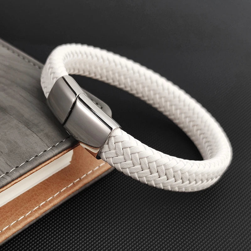 Men's White Braided Leather Bracelet with 316L Stainless Steel Double-Safety Magnetic Clasp — Sizes 18.5/20.5/22 cm (7.3/8.1/8.7 in)