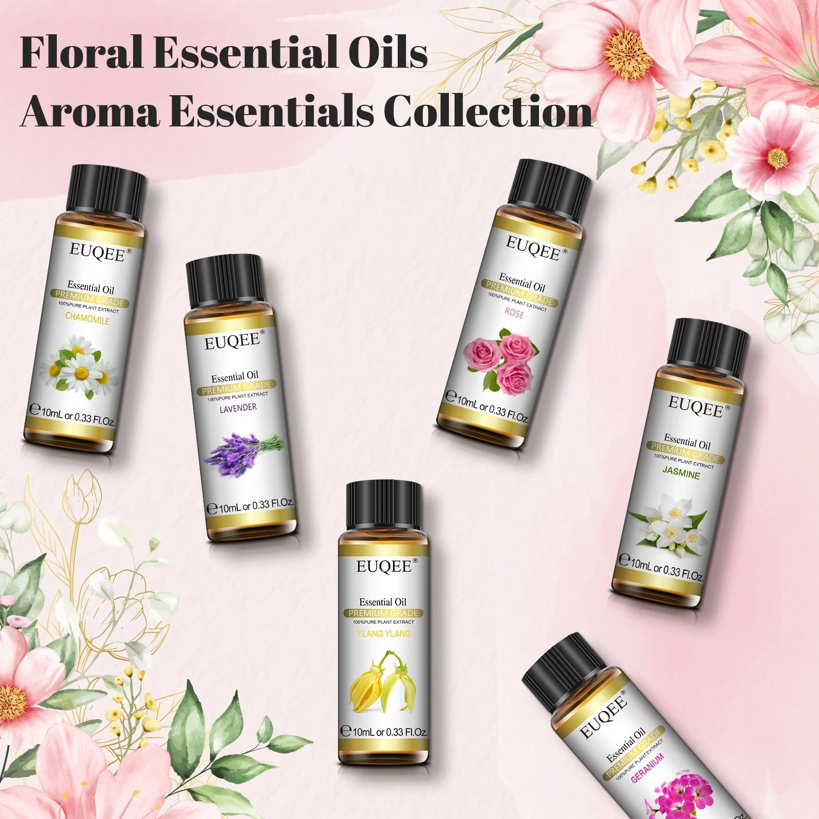 EUQEE 6-Pack Floral Essential Oil Set 6 x 10ml (0.34 fl oz) – Rose, Lavender, Ylang Ylang, Jasmine, Geranium, Chamomile for Diffusers & Candle Making