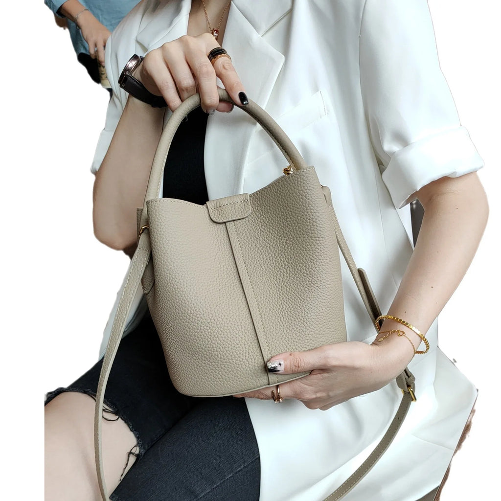 Lavender Purple Round Bucket Tote Small Genuine Cowhide Leather Shoulder & Crossbody Bag for Women