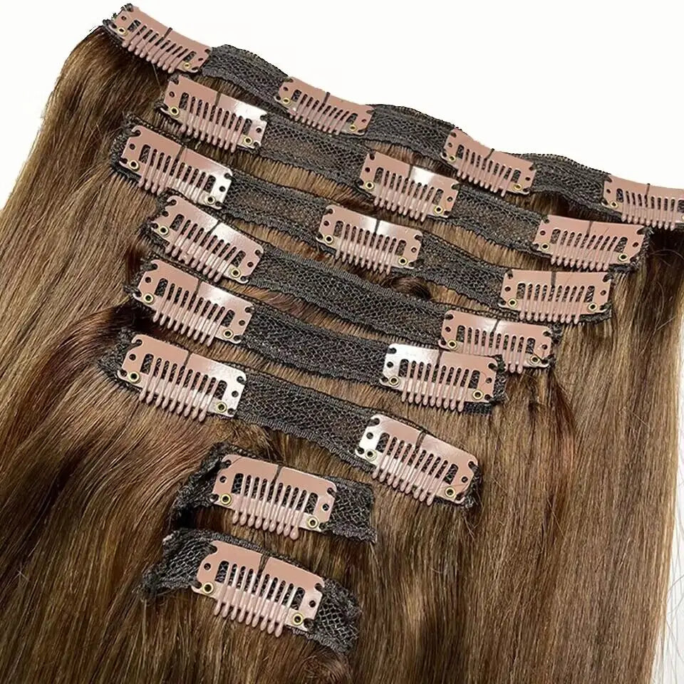 8-Piece 120g Clip-In Hair Extensions — Remy Human Hair Straight, 10–26 in (25–66 cm) — Natural Black / #4 / #613