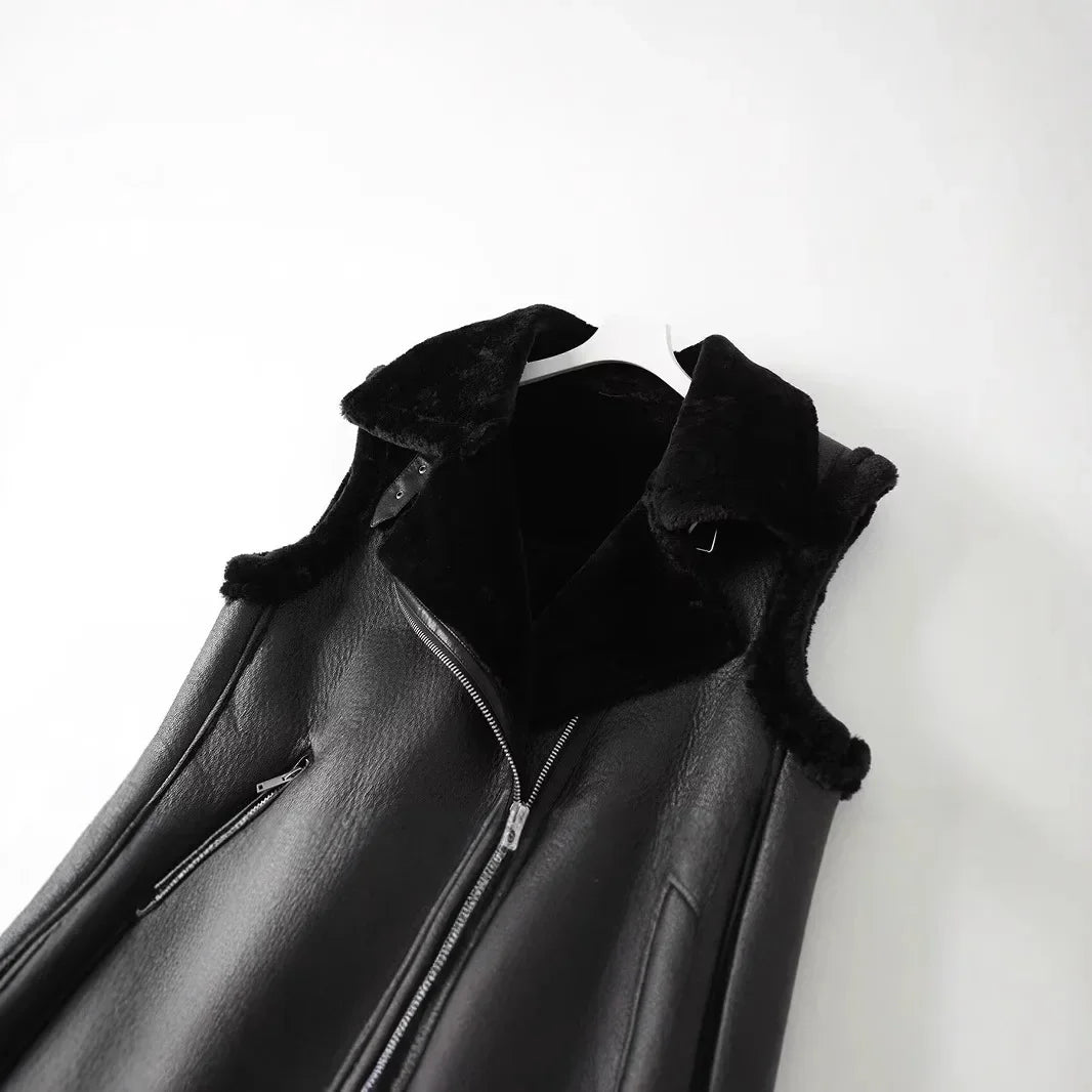 Women's Faux Leather Vest with Faux Fur Lining — Sleeveless Zip-Up Waistcoat, Warm Autumn/Winter Motorcycle Style