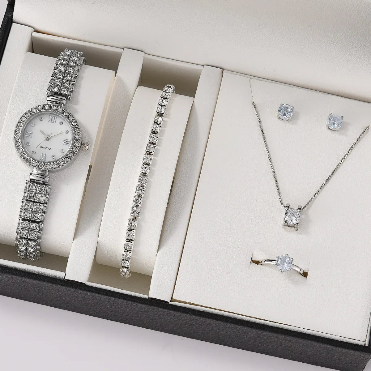 Women's Luxury Quartz Watch & 5-Piece Rhinestone Jewelry Set – Stainless Steel Strap, Bracelet, Necklace, Earrings & Ring