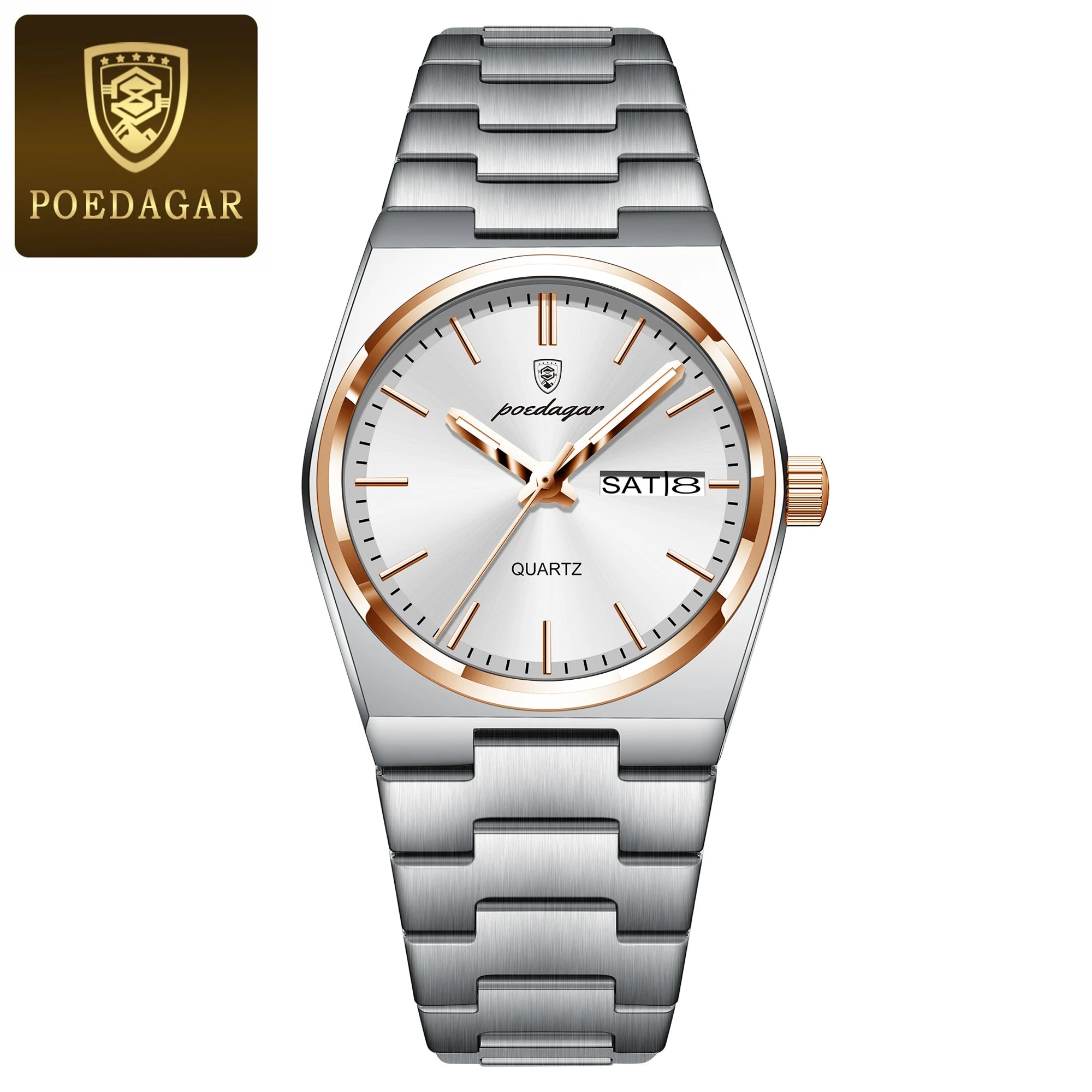 POEDAGAR Women's 35mm Stainless Steel Quartz Watch – Waterproof 3ATM, Luminous Hands, Date & Week Display