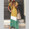 Women's Casual Color-Block V-Neck Ankle-Length Maxi Dress — Loose Short Sleeve A-Line Summer Dress