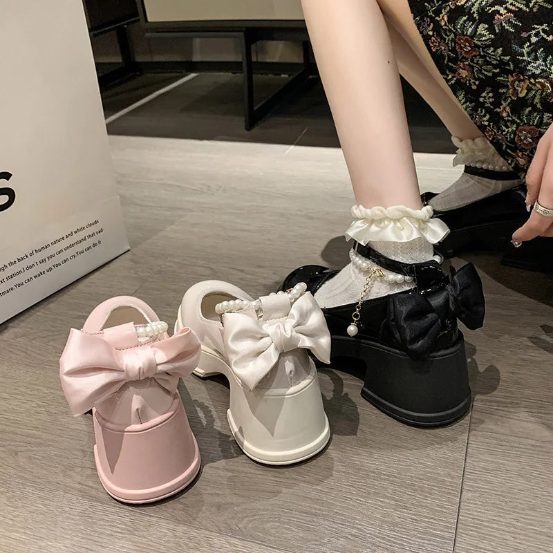 Pink Beaded Mary Jane Heels – Round Toe Platform Pumps with Square Heel, Spring/Autumn Party Shoes