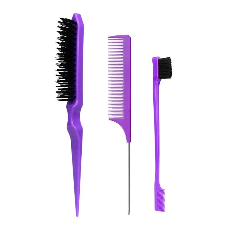 3-Piece Hair Comb & Eyebrow Brush Set - Tail Comb, 3-Row Detangling Comb, Steel Pin Tail Comb