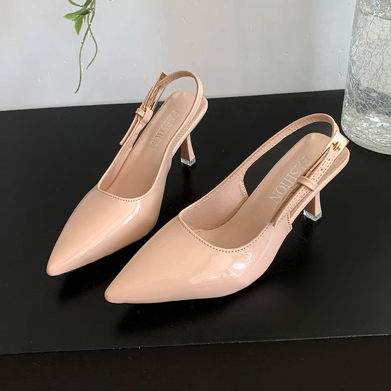 Pointed Toe Patent Leather Thin Heel Sandals for Women - Nude Office Dress Shoes, 3-5 cm (1.2-2.0 in) Heel