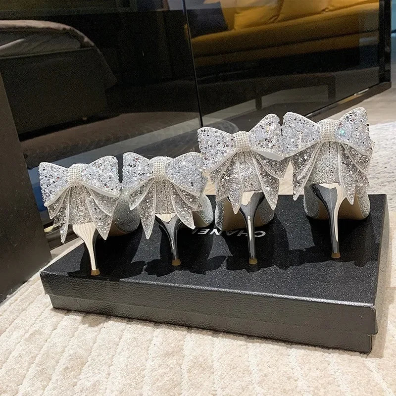 Women's Silver Ribbon Rhinestone Stiletto Pumps Pointed Toe High Heels Lightweight (EU 34-43)