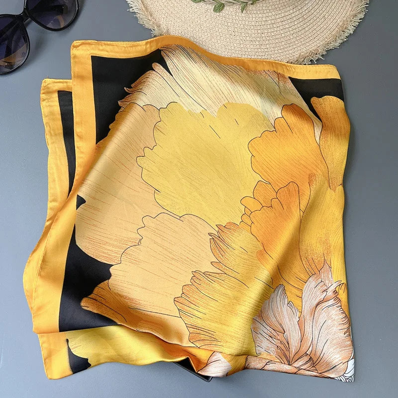 70 x 70 cm (27.6 x 27.6 in) Floral Satin-Look Polyester Square Scarf - Women's Headscarf, Hijab, Hair Band & Wrist Wrap